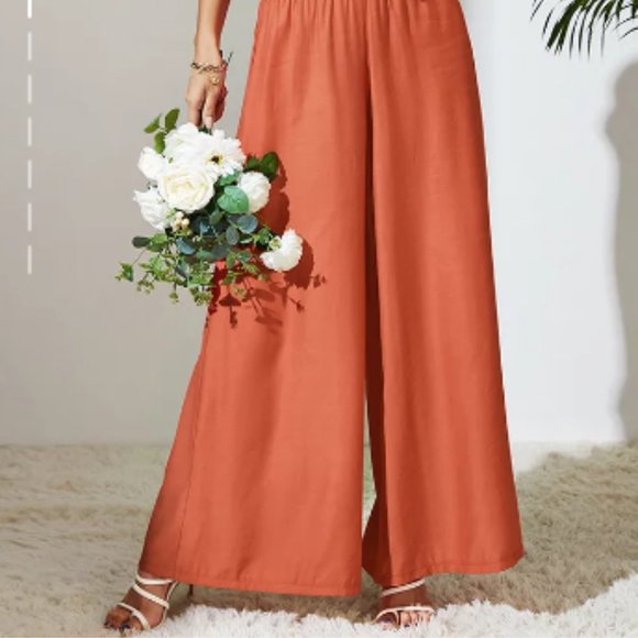 Women's Solid Color Tie Front Crop Top With Matching Wide Let Pants Set - Picture 2 of 5